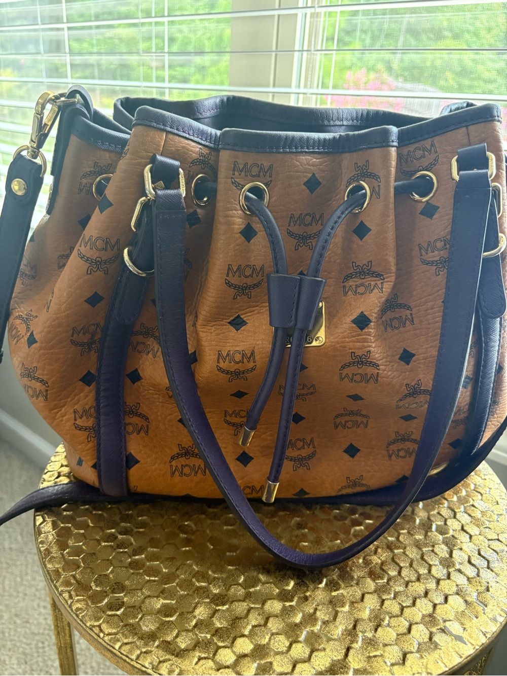 MCM Cognac Large Bucket Bag with Purple Trim and Gold Hardware